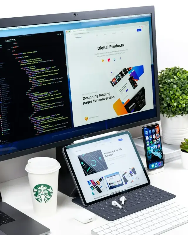 Desktop, tablet and phone showing a software landing page